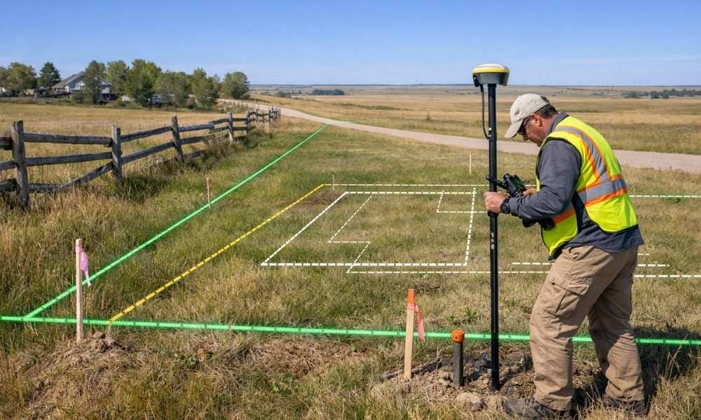 Land surveyor locating a property boundary with GPS equipment before confirming building setback lines on a rural residential lot