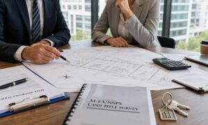 Two professionals review an ALTA survey and commercial real estate closing documents before a lender approves the loan