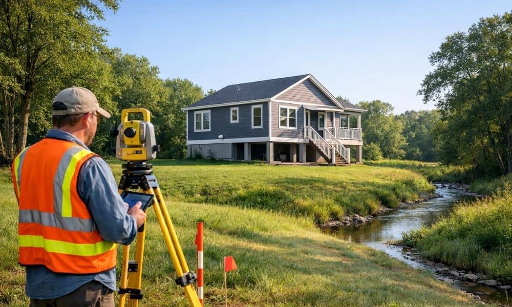 Drone surveying a gravel stockpile at a construction site with a 3D surface model and volume measurement overlay
