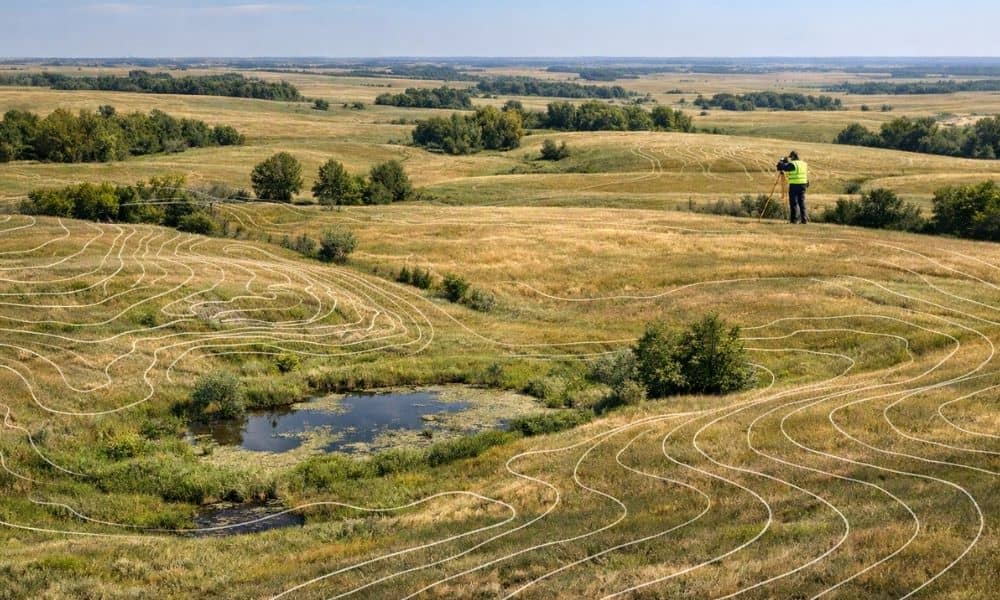Topo survey showing South Dakota property terrain, contour lines, drainage areas, and elevation change