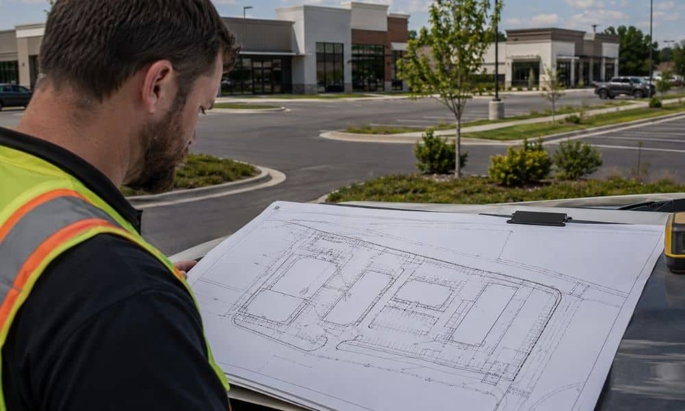 Surveyor reviewing an ALTA survey plan at a commercial property in South Dakota