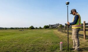 Surveyor locating a property line marker during a boundary survey in South Dakota