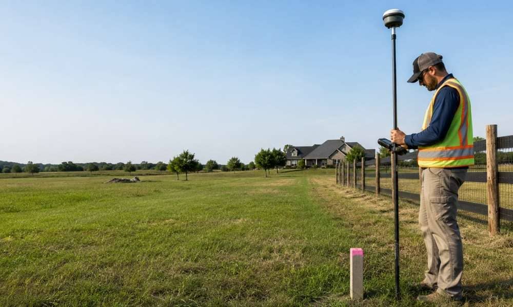 Surveyor locating a property line marker during a boundary survey in South Dakota