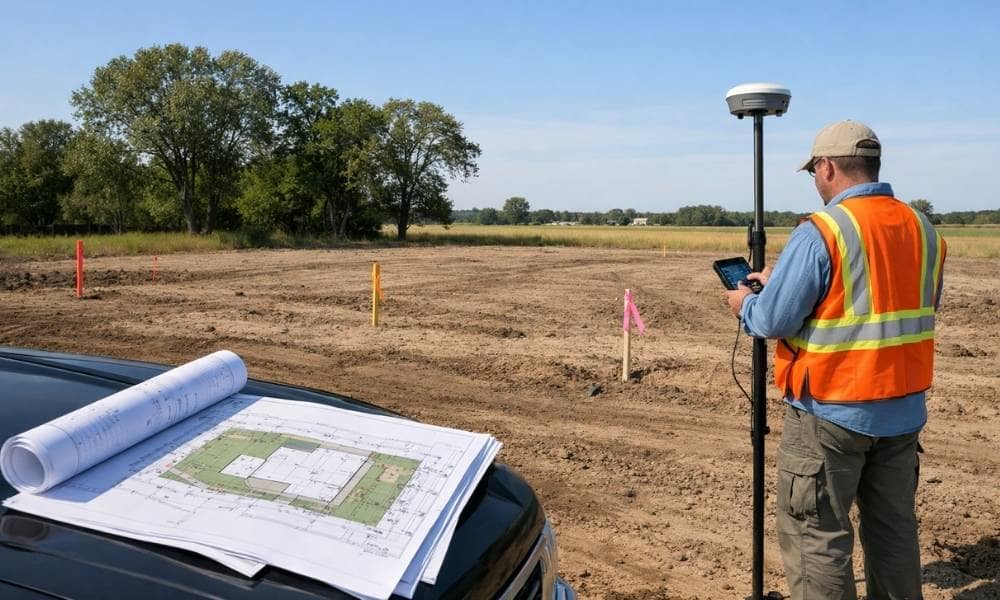 A land surveyor checks property boundaries before building on a vacant residential lot