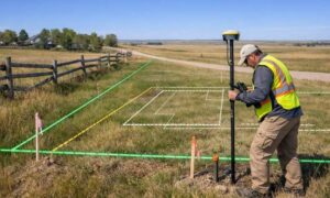 Land surveyor locating a property boundary with GPS equipment before confirming building setback lines on a rural residential lot