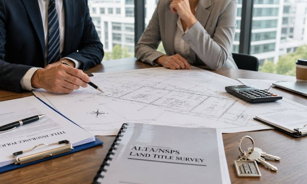 Two professionals review an ALTA survey and commercial real estate closing documents before a lender approves the loan